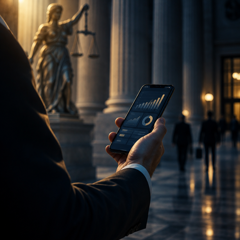 Main tenant un smartphone dans un palais de justice