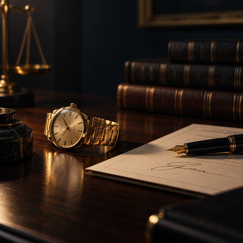 Montre dorée posée sur un bureau en acajou près d'un document signé