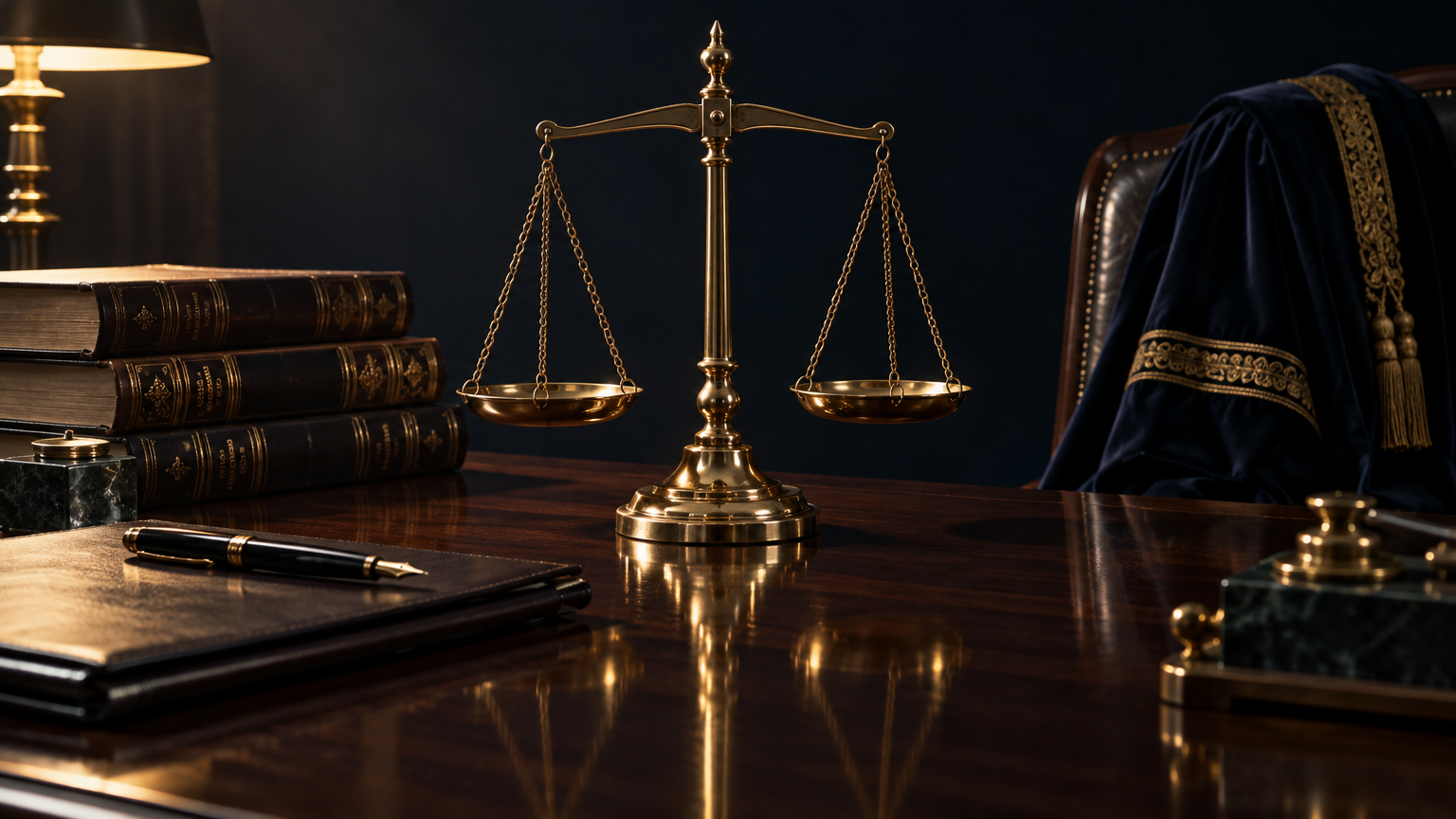 Bureau d'avocat : balance de la justice en laiton, livres de droit et robe d'avocat
